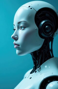 the robot is facing forward and raised his hand up, smiling , household assistants, artificial intelligence, helping a person, light background, free space on the side for text