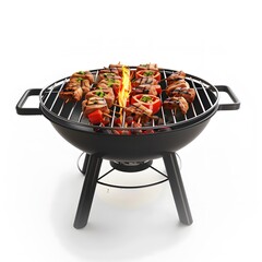 Grilled Meat and Vegetables on Charcoal Barbecue with Flames