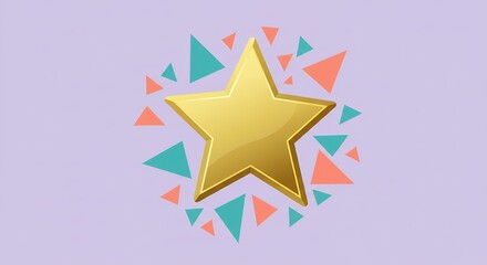 Shiny Golden Star with Geometric Shapes on Lilac Background
