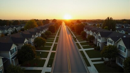 Fototapeta premium A street with houses on both sides and a sunset in the background