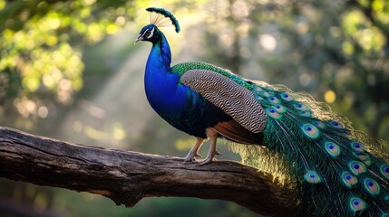 Obraz premium Majestic peacock perched on a branch in sunlight. (3)
