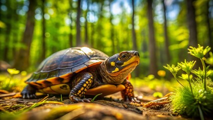 Obraz premium Endangered Blanding's Turtle in Ontario Woodland Opening - Tilt-Shift Photography