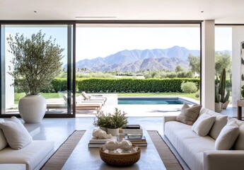 Modern living room with pool and mountain view. (1)