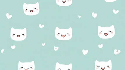 Obraz premium Cute Cat Faces Pattern on Soft Blue Background with Hearts