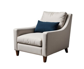 Upholstered armchair with blue accent pillow and transparent background