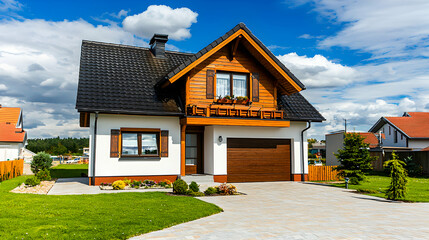 White and Brown Suburban House with Green Lawn and Stone Driveway