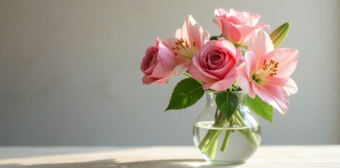 Delicate roses and lilies in a glass vase, soft light , roses, aesthetic