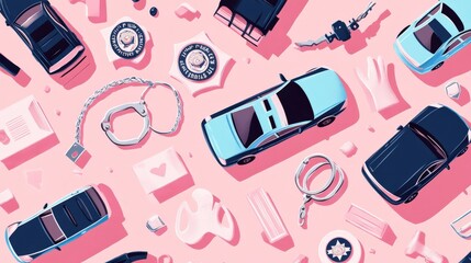Flat Lay of Police Items and Cars on Pink Background for Crime and Investigation Themes