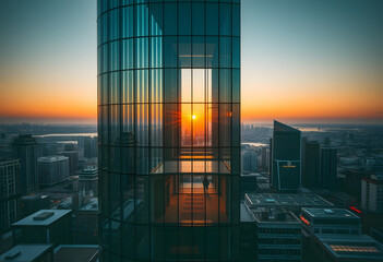 Sunset over the city with skyscrapers, glass reflections, and cityscape views, capturing the modern urban atmosphere and the vibrant colors of the setting sun