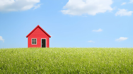 Red Small House in a Green Flower Field Under a Blue Sky