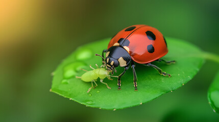 A colorful ladybug enjoys its meal, devouring an aphid on a green leaf. This moment highlights the natural pest control process occurring in a garden setting, promoting organic gardening practices