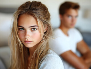 Young woman with freckles and blonde hair stares intensely at the camera, a blurred man in the background suggesting a relationship conflict.