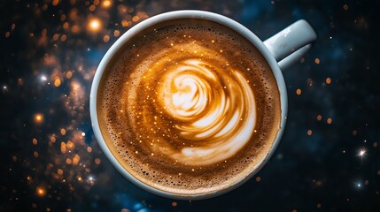 A mesmerizing cup of coffee with a swirling galaxy in its foam, blending cosmic wonder with everyday indulgence in a surreal and dreamy composition