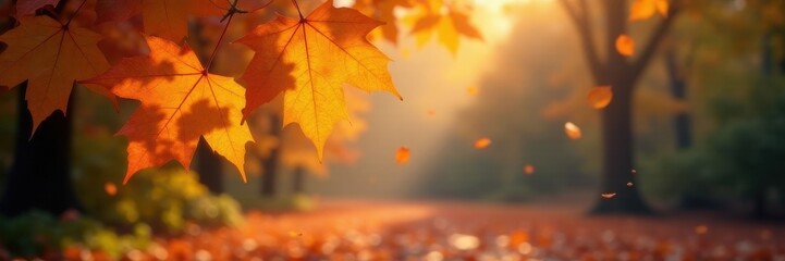 Fototapeta premium Falling autumn leaves, bokeh lights, dreamy fall scene, whimsical, element, blurred