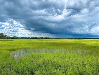 Vibrant green field under dramatic cloudy sky.