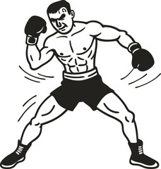 Fototapeta premium Boxer in fighting stance retro illustration of male athlete prepared for boxing match