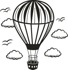Fototapeta premium vintage hot air balloon illustration with clouds and birds in black and white design