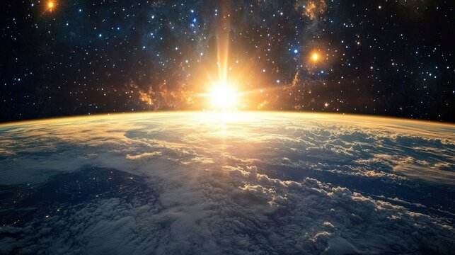 The International Space Station orbiting Earth against the backdrop of a star-filled sky, with a beautiful view of our planet and its clouds