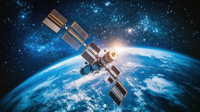 The International Space Station orbiting Earth against the backdrop of a star-filled sky, with a beautiful view of our planet and its clouds