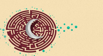 Silver Crescent Moon Within Circular Maze with Turquoise Accents Illustration