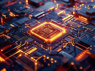 Obraz premium Mesmerizing quantum computer core, with pulsating light trails snaking through fiber-optic circuits, set within an isometric cyberpunk schematic, rendered in 8K resolution with Cinema4D's volumetric r