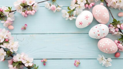 pastel-colored Easter eggs with floral patterns on a light blue wooden background