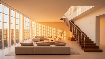Obraz premium Stylish living room with big sofa, many windows and stairs in amazing two-story apartment