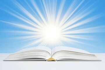 Open Book with Radiant Sunburst Against Clear Sky Symbolizing Knowledge and Enlightenment