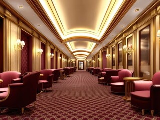Obraz premium Elegant lounge corridor design upscale hotel interior photography luxurious ambiance wide-angle perspective hospitality concept