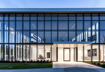 A modern office building with glass windows reflecting the blue sky in a busy city with views of the urban landscape and nearby greenery