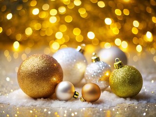 Festive Gold Glitter & White Spheres Holiday Decoration with Bokeh Lights - Stock Photo