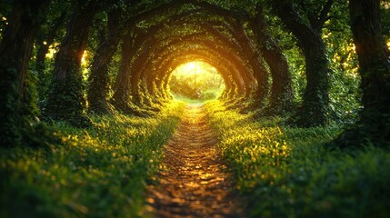 Obraz premium Sunlight filters through a lush forest creating a serene pathway at golden hour