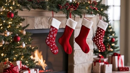 A cozy living room decked with stockings and presents by a roaring fire, encapsulating the warmth and joy of the Christmas season.
