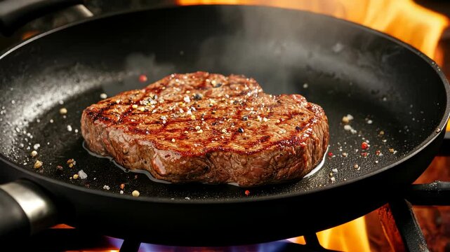 A sizzling steak sears on a hot pan with flames rising in the background, creating a mouthwatering scene