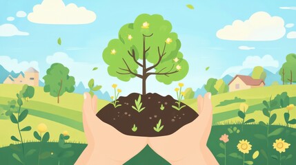 Hands Planting Tree for Rural Spring Scene.