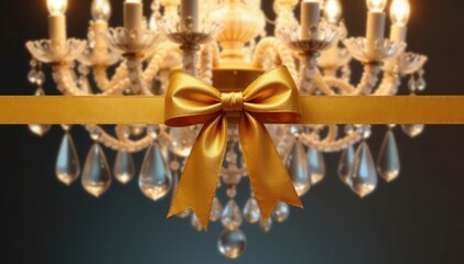 Fototapeta premium Gold ribbon draped across a stunning, crystal-encrusted chandelier, decorative, gold ribbon, high-end