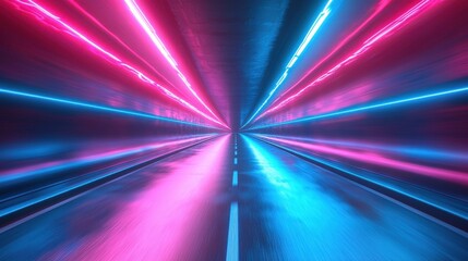 Colorful neon lights illuminate a wet tunnel creating a futuristic atmosphere