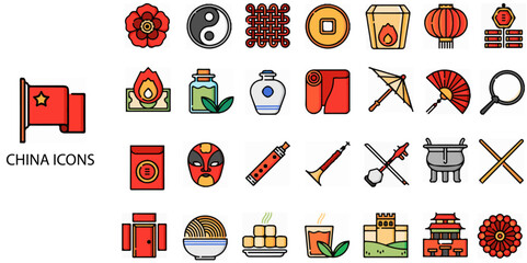 China simple concept 28 colour icons set. Contains such  dragon, traditional style seal stamp of Chinese .Vector illustration.