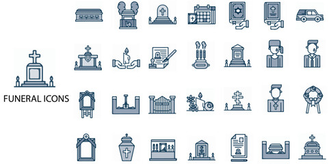 Funeral simple concept 28 colour icons set. Contains such funeral, die, dead, service .Vector illustration.