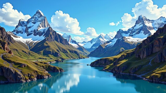 Breathtaking landscape showcasing Chilean Fjords and snow-capped peaks reflected in tranquil waters. Concept highlights natural beauty found in Chilean fjords and mountainous terrains