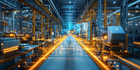 Digital twin simulation of a manufacturing plant industrial environment 3d visualization futuristic perspective