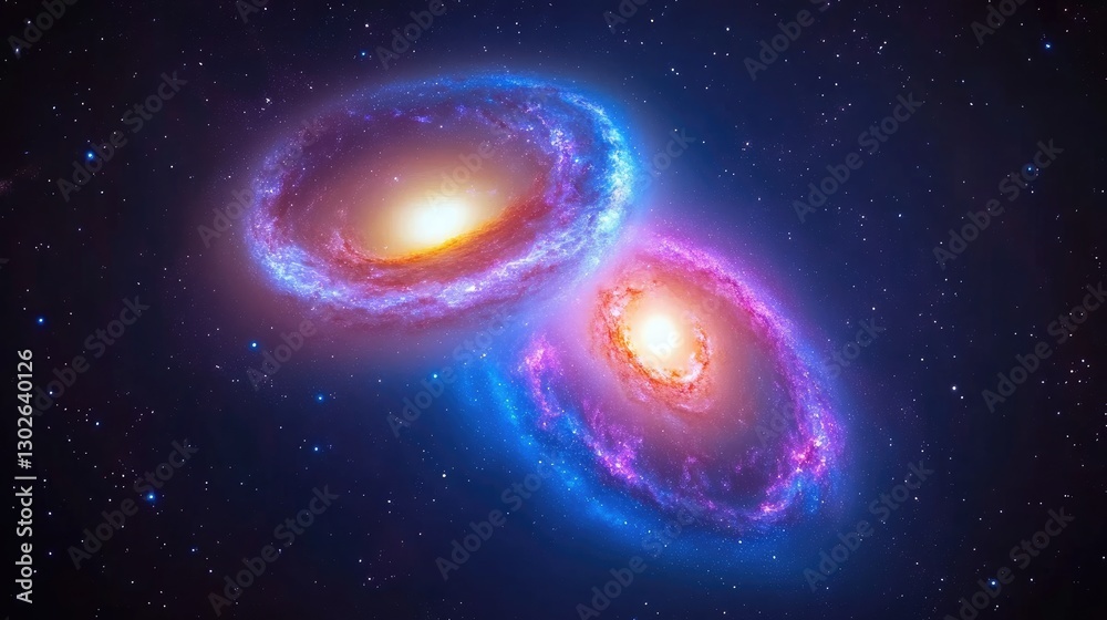 Wall mural cosmic collision of two galaxies outer space digital art nebulae environment wide viewpoint stellar 