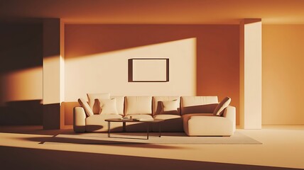Modern living room with a large sofa, coffee table, and a blank wall frame. Minimalist decor style in a spacious, well-lit interior. Comfort. 3D rendering.