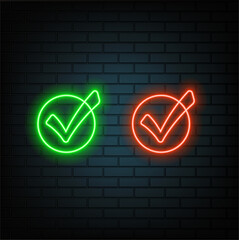Check line icon. Neon laser lights. Approved Tick sign. Confirm, Done or Accept symbol. Glow laser speech bubble. Neon lights chat bubble. Banner badge with verify icon.