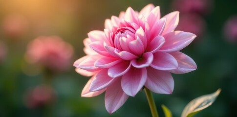 Fototapeta premium Petals of soft pink dahlia flowers unfolding in morning dew, dahlia, pink, soft