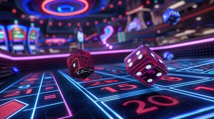 Fototapeta premium Exciting casino dice rolling action las vegas digital art vibrant environment close-up view gambling concept