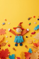 Fototapeta premium Colorful autumn decorations feature a playful scarecrow surrounded by candies and vibrant leaves on a bright yellow background