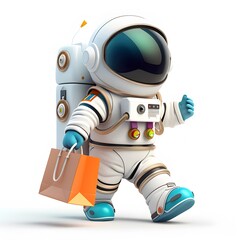 Playful Astronaut Walking with Shopping Bag in a Cartoon Style
