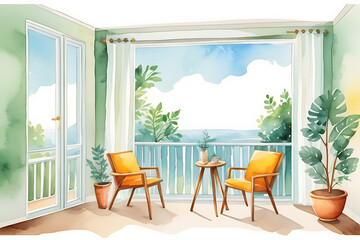 Obraz premium Watercolor Balcony View with Chairs and Plants in Relaxing Interior