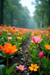 Campo de flores moradas descoloridas en el suelo despu?s de la lluvia, flores moradas, naturaleza, verano